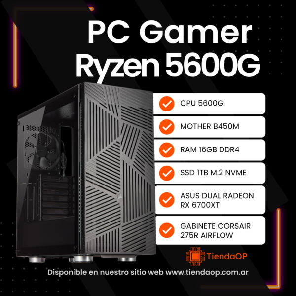 RYZEN 5 5600G | MOTHER A520M | 16GB DE RAM | SSD M.2 NVME 1024GB | RX 6700XT | FUENTE 650W |